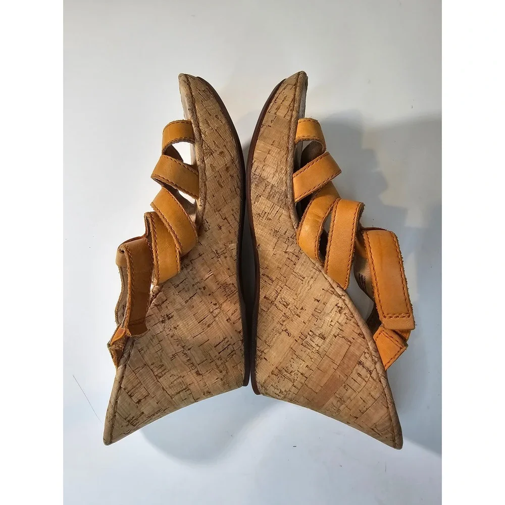 Born Mustard Yellow color Leather Cork Strappy Wedge Sandals Womens 8